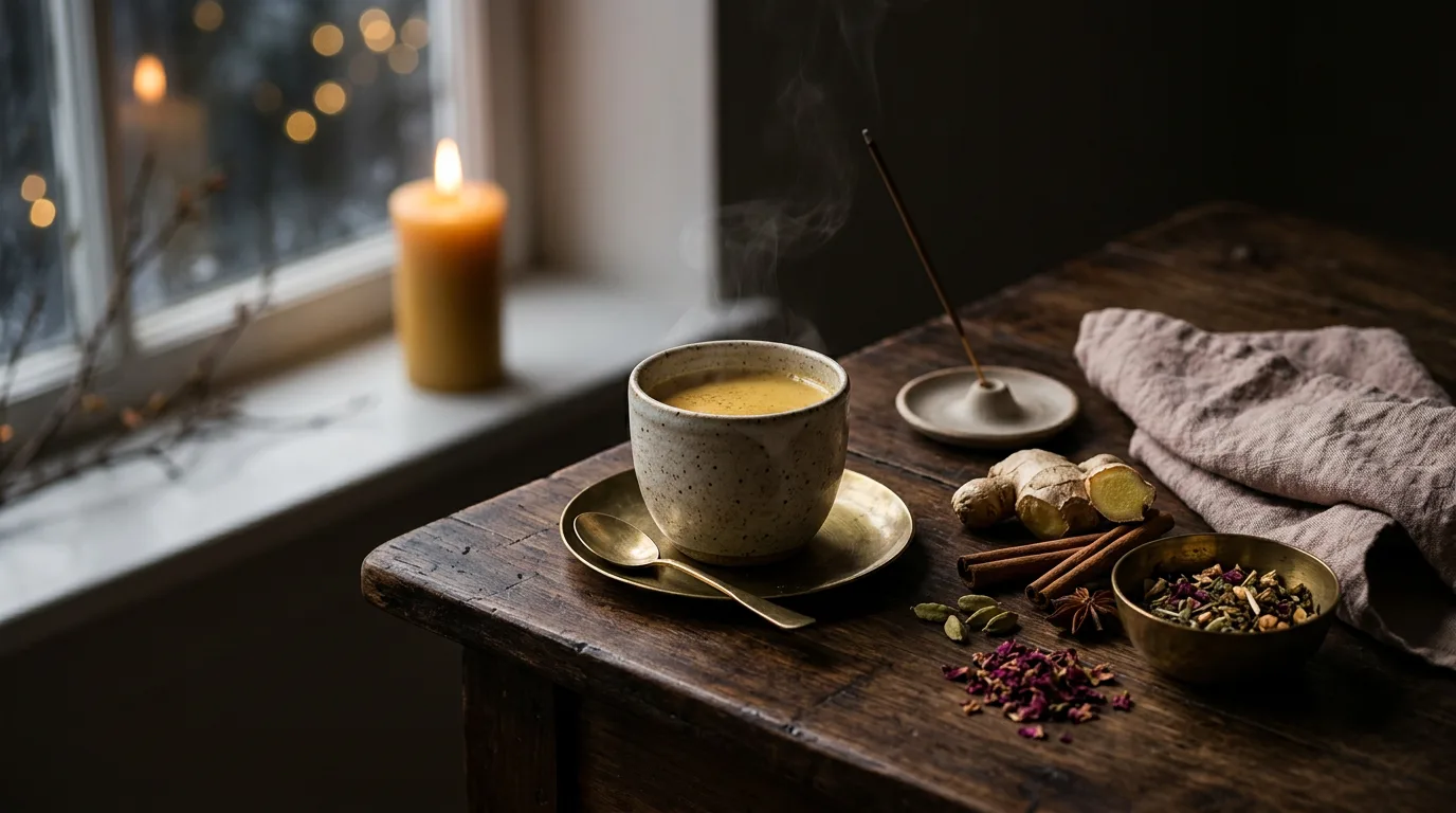Ayurvedainspirerad stämningsbild med te och kryddor inför advent 2026