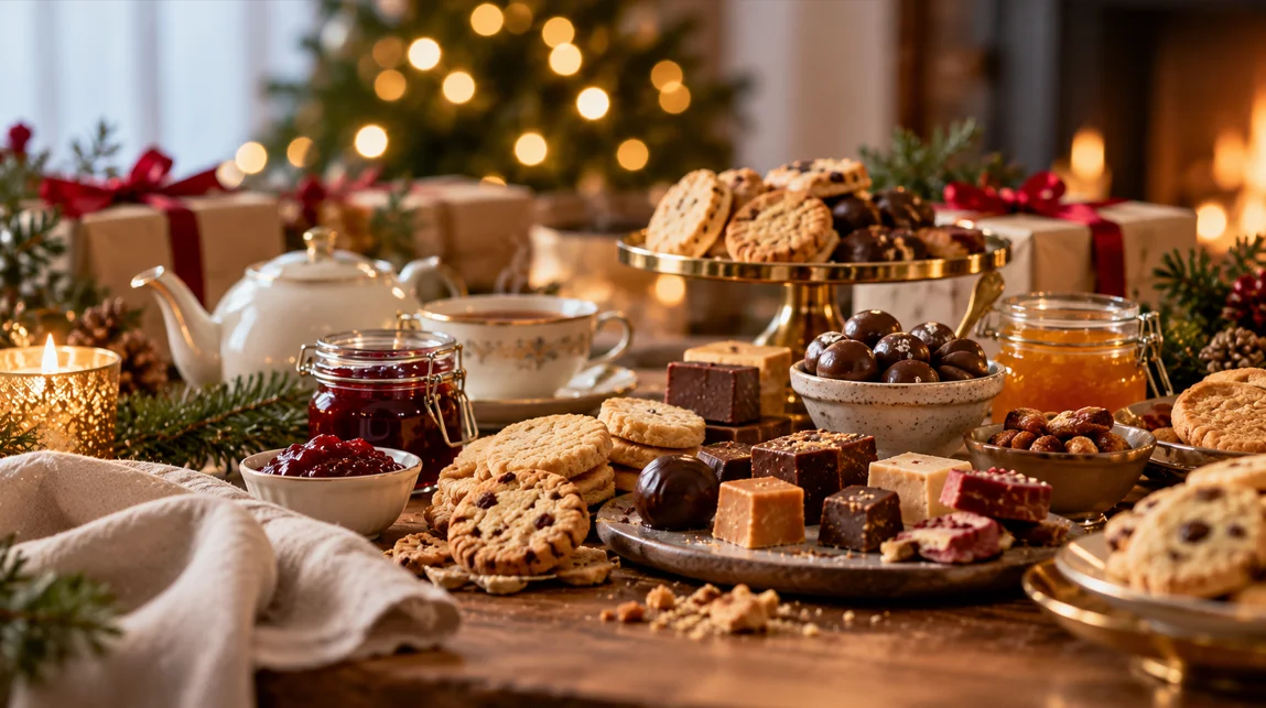 Juliga delikatesser med kakor, fudge, marmelad och te