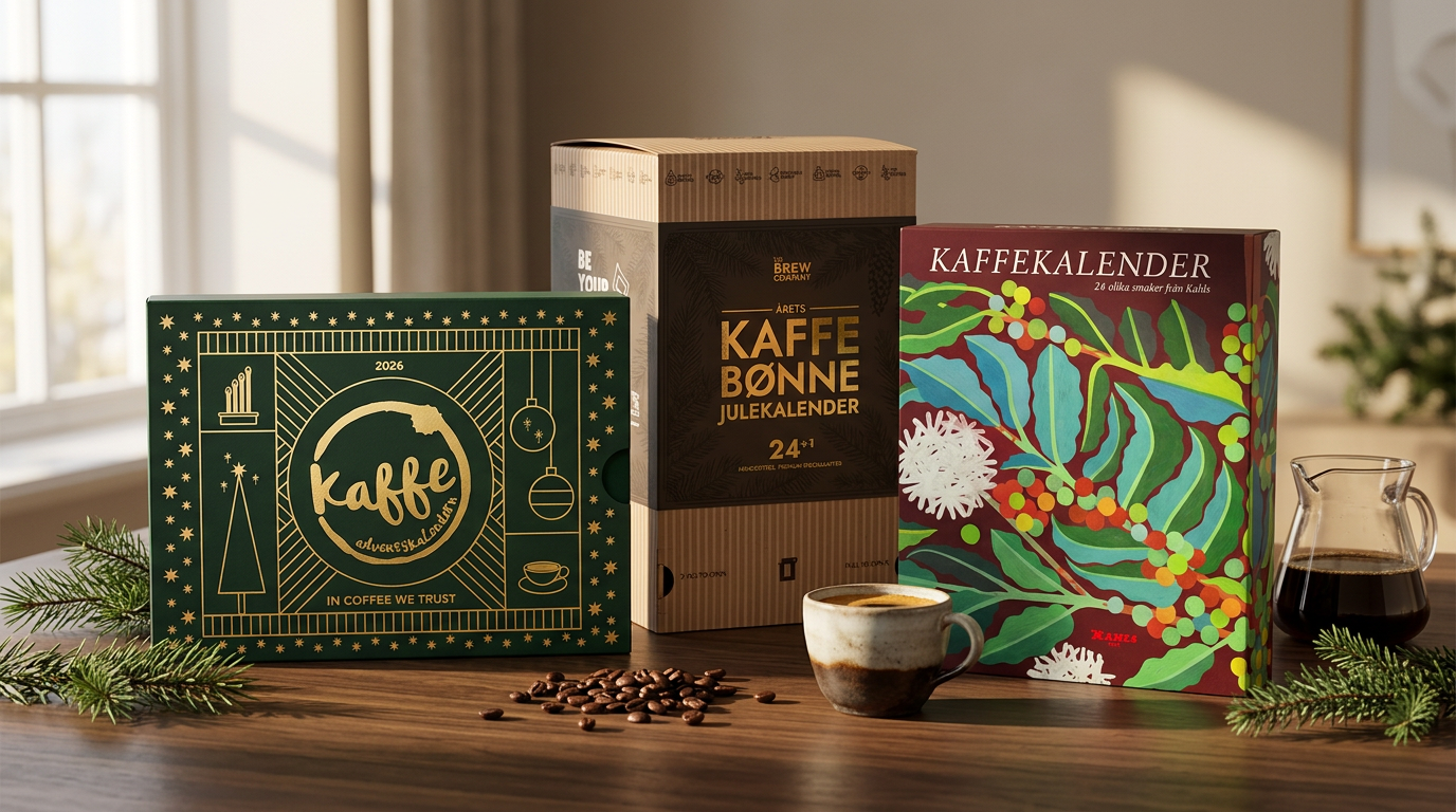 Tre kaffekalendrar i en julinspirerad miljö med kaffe och kaffebönor