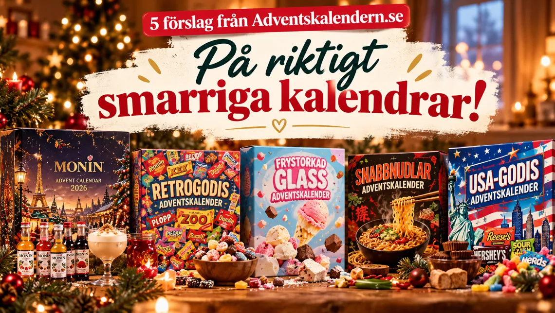 Fem goda adventskalendrar 2026 med Monin, retrogodis, frystorkad glass, snabbnudlar och USA-godis