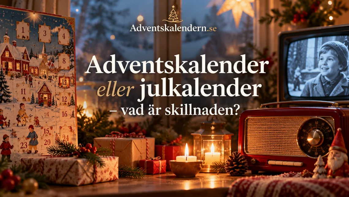 Nostalgisk julmiljö med adventskalender, radio och tv som illustrerar skillnaden mellan adventskalender och julkalender