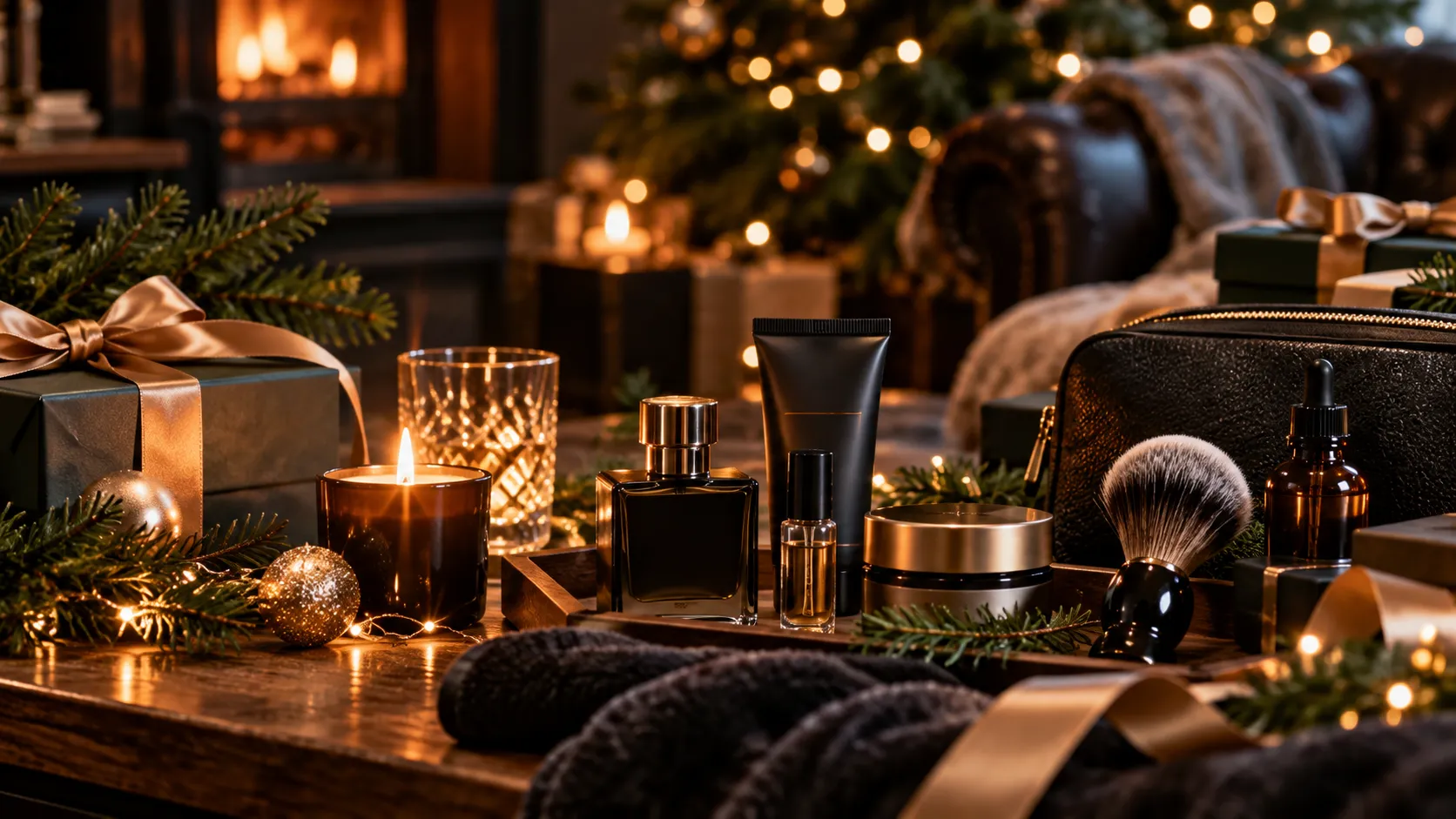 Julstämning med parfym, rakborste och exklusiva vårdprodukter