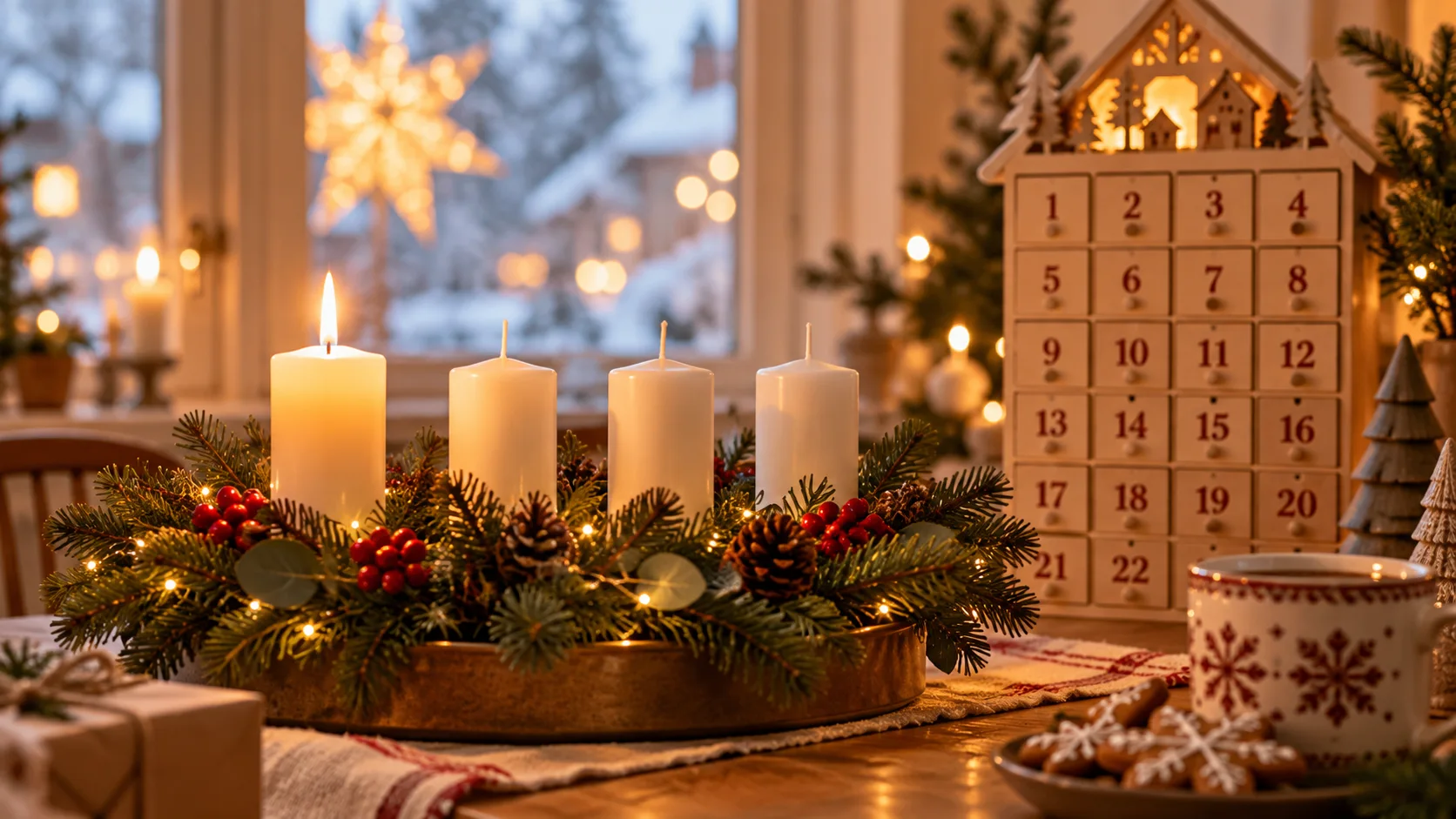 Fyra adventsljus där det första är tänt, med en adventskalender i bakgrunden