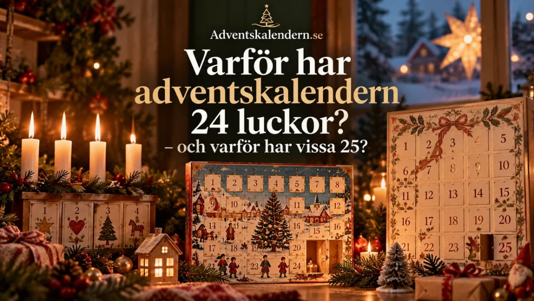 Adventskalendrar med 4, 24 och 25 luckor i en julpyntad miljö