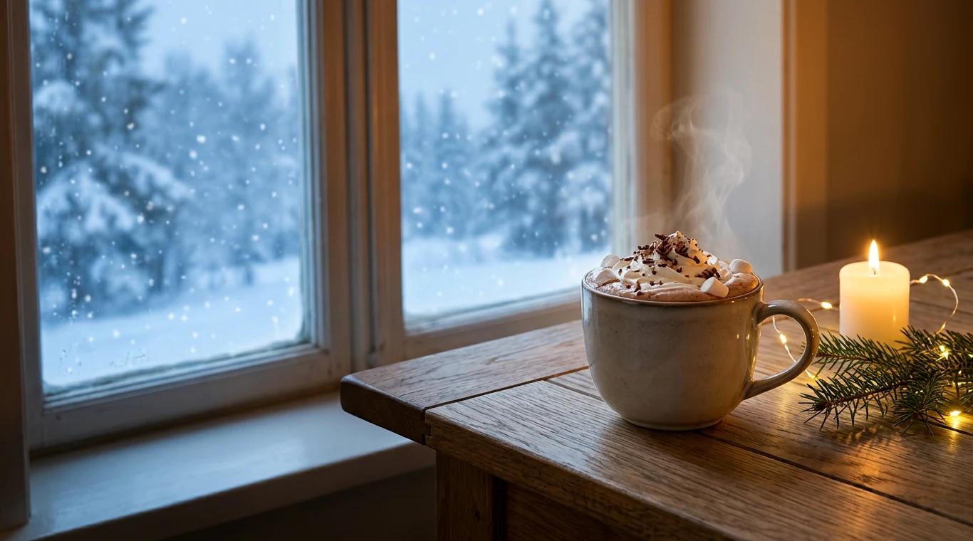 Varm choklad med grädde vid ett fönster under en vintrig adventsdag