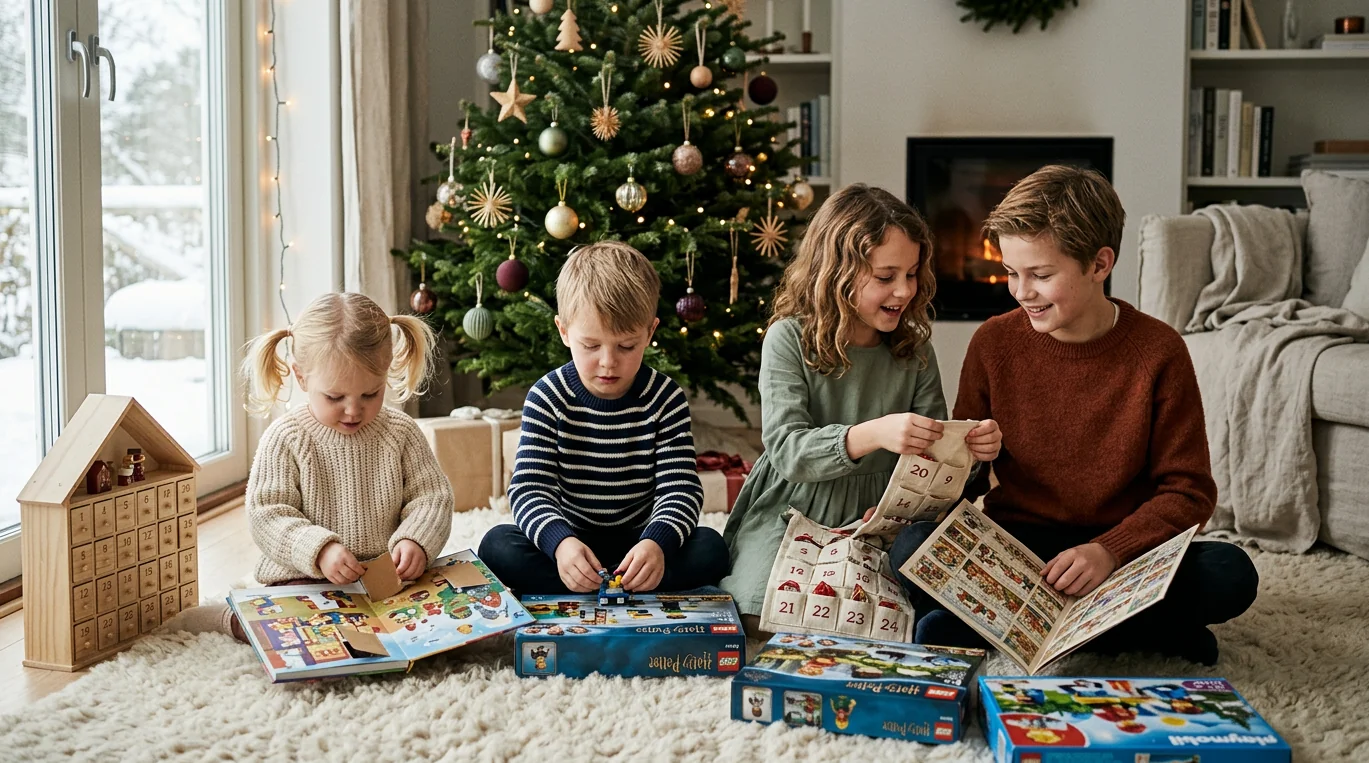 Barn i olika åldrar öppnar adventskalendrar tillsammans framför en julgran