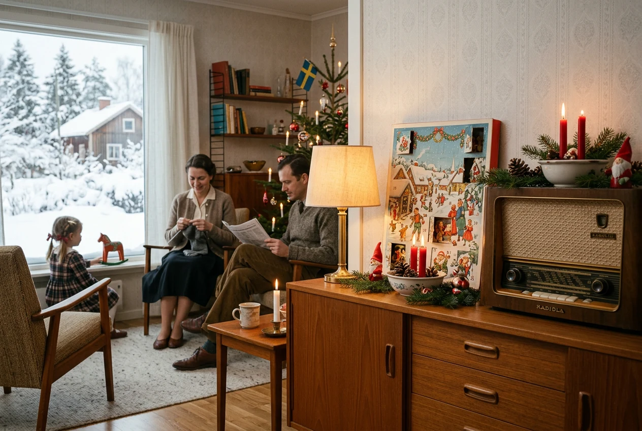 Illustration av ett svenskt vardagsrum på 1950-talet med papperskalender och radio inför jul