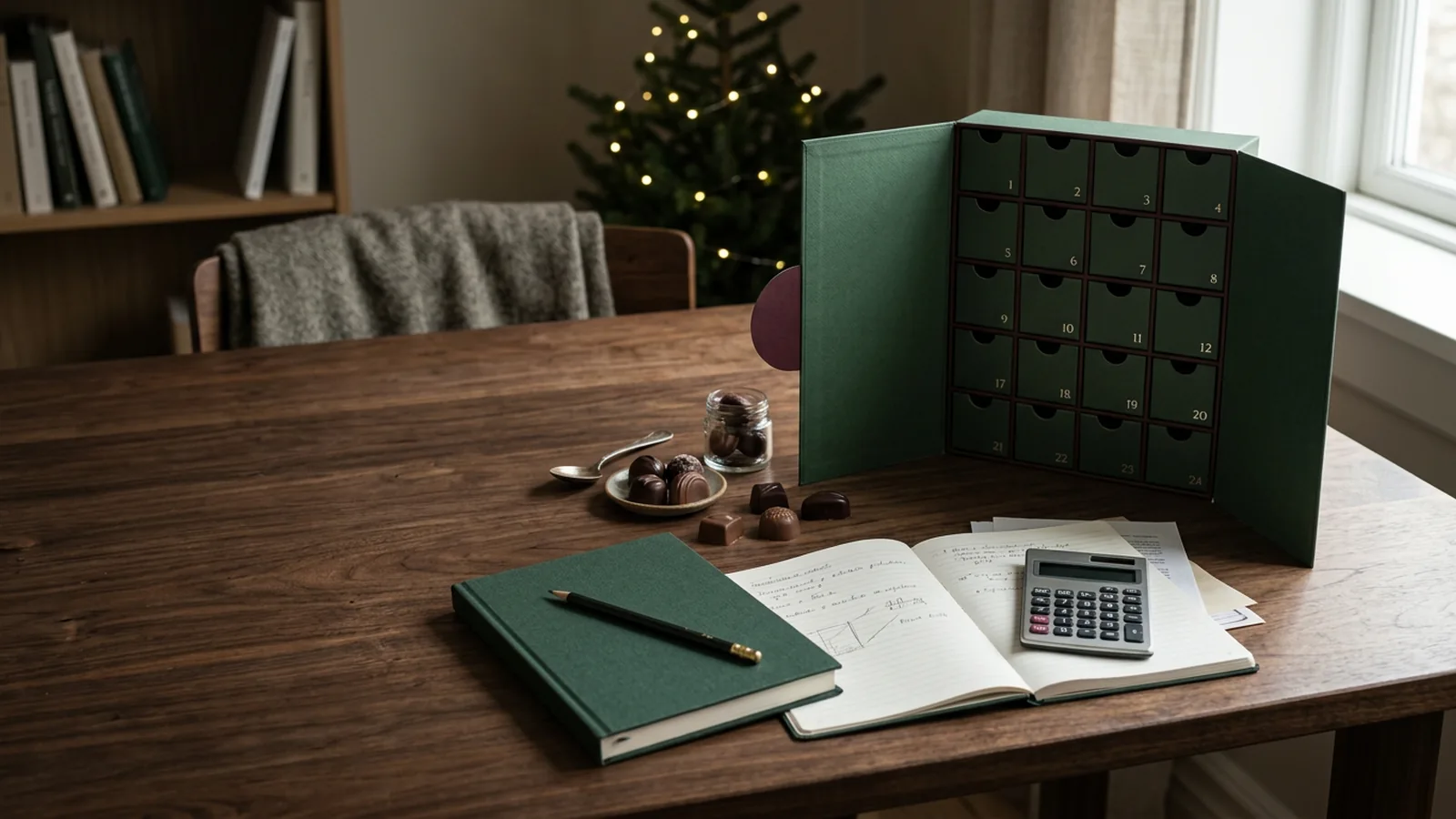 Redaktionellt arbetsbord med adventskalender, anteckningsbok och miniräknare