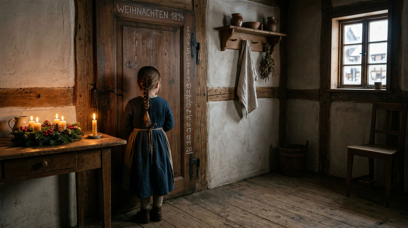 Historisk illustration av ett tyskt hem på 1800-talet där ett barn räknar dagarna till jul med kritstreck