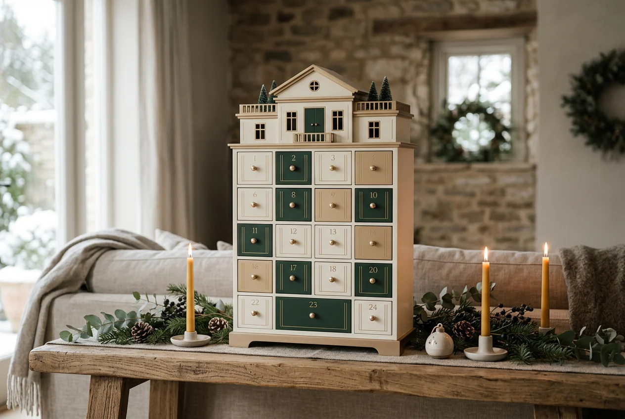 Modern exklusiv adventskalender med eleganta luckor och lådor som visar hur adventskalendrar har utvecklats
