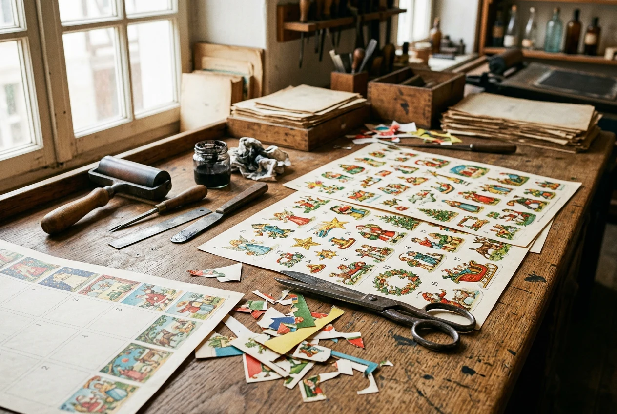 Historisk rekonstruktion av tidiga tryckta adventskalendrar och julillustrationer från början av 1900-talet