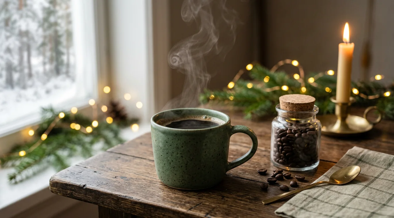 Rykande kaffe i grön kopp med levande ljus och juldekorationer vid ett vinterfönster