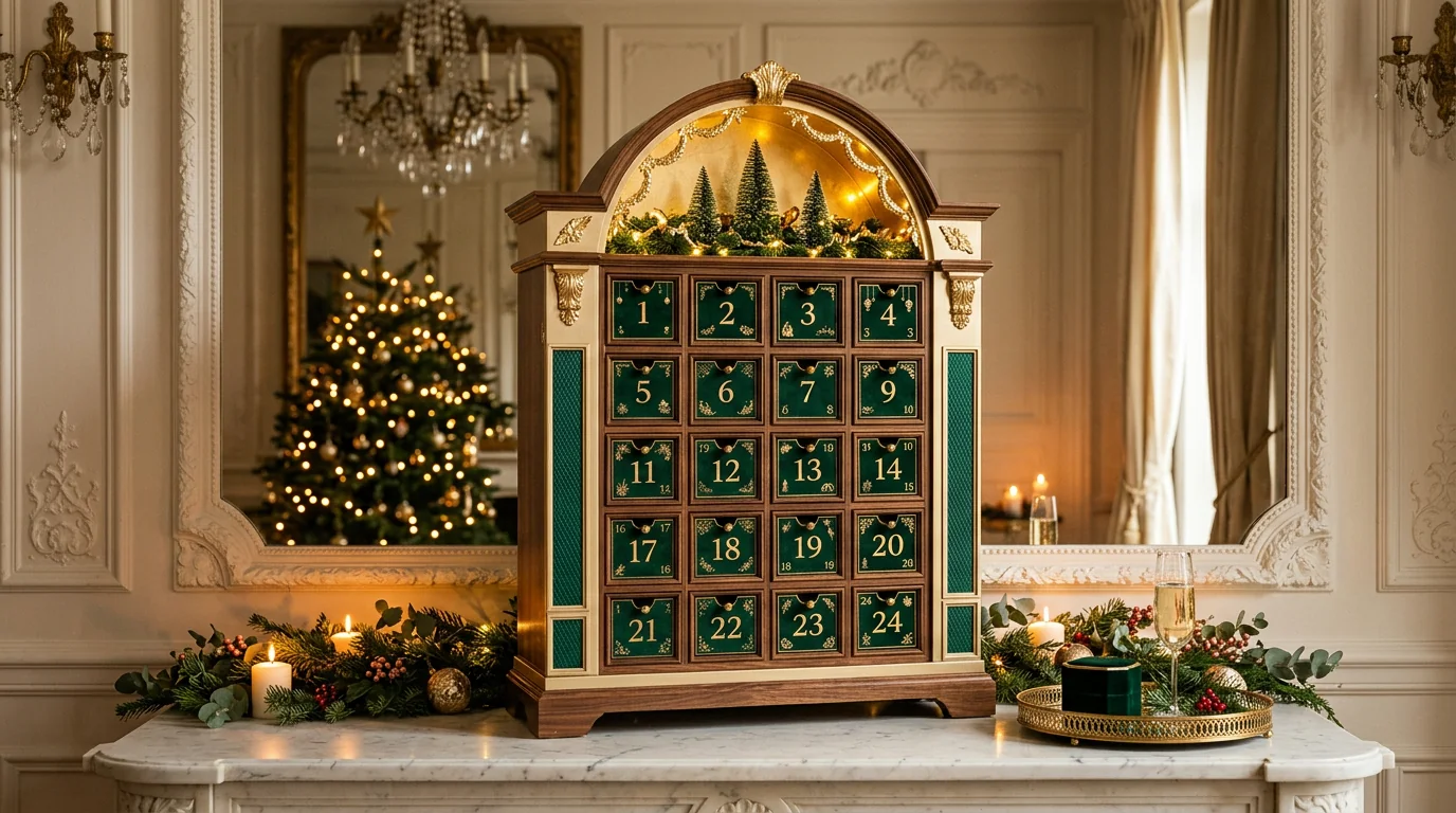 AI-illustration av en exklusiv adventskalender med gröna och guldfärgade lådor i en elegant julmiljö