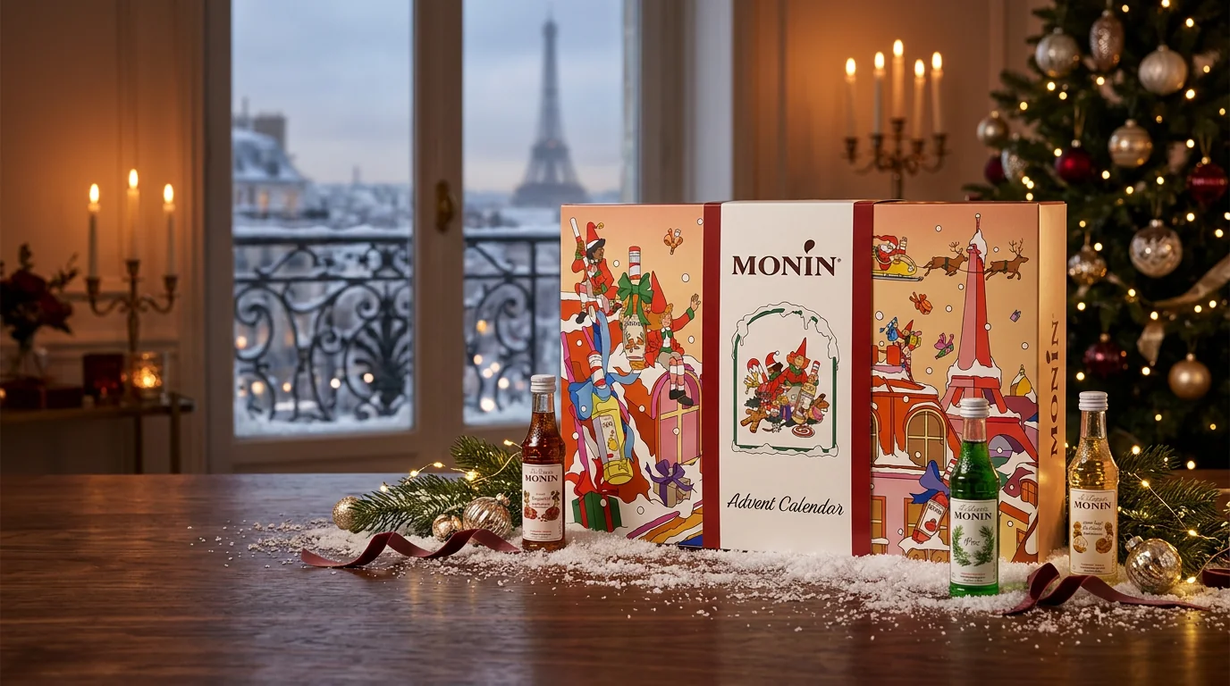 Monin Adventskalender 2026 med julillustrerad förpackning